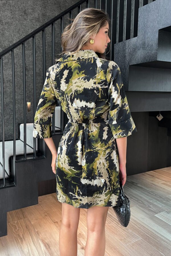 Khaki Smudge Print 3/4 Sleeve Gathered Waist Mini Shirt Dress - Image 4
