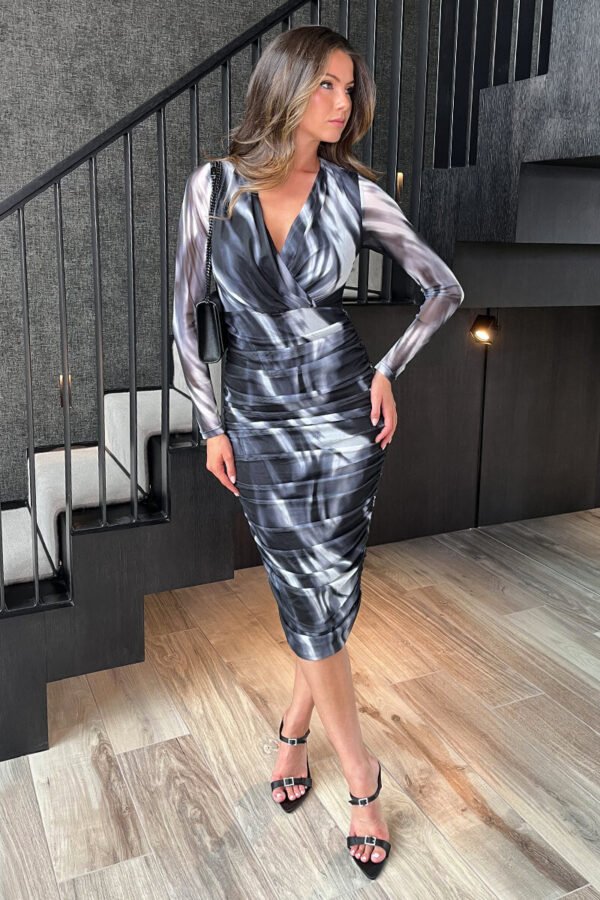 Black And White Marble Print Wrap Long Sleeve Ruched Mesh Midi Dress - Image 3