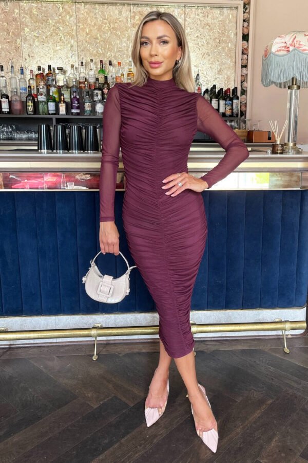 Plum High Neck Long Sleeve Ruched Bodycon Mesh Midi Dress - Image 2
