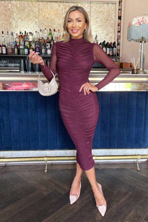 Plum High Neck Long Sleeve Ruched Bodycon Mesh Midi Dress - Image 3
