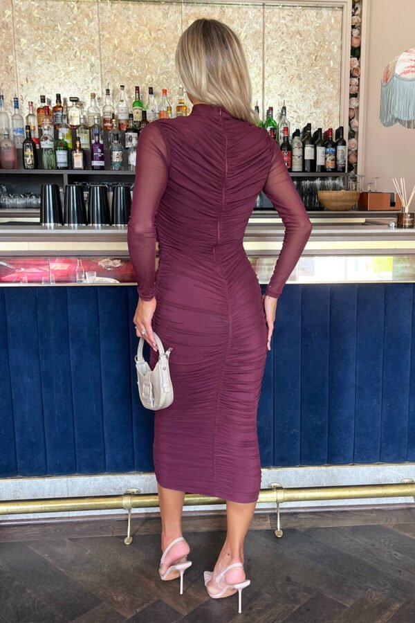 Plum High Neck Long Sleeve Ruched Bodycon Mesh Midi Dress - Image 5
