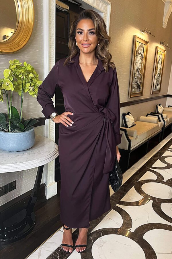Plum Side Tie Waist Wrap Midi Dress - Image 2