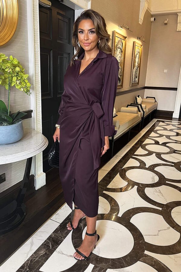 Plum Side Tie Waist Wrap Midi Dress - Image 4
