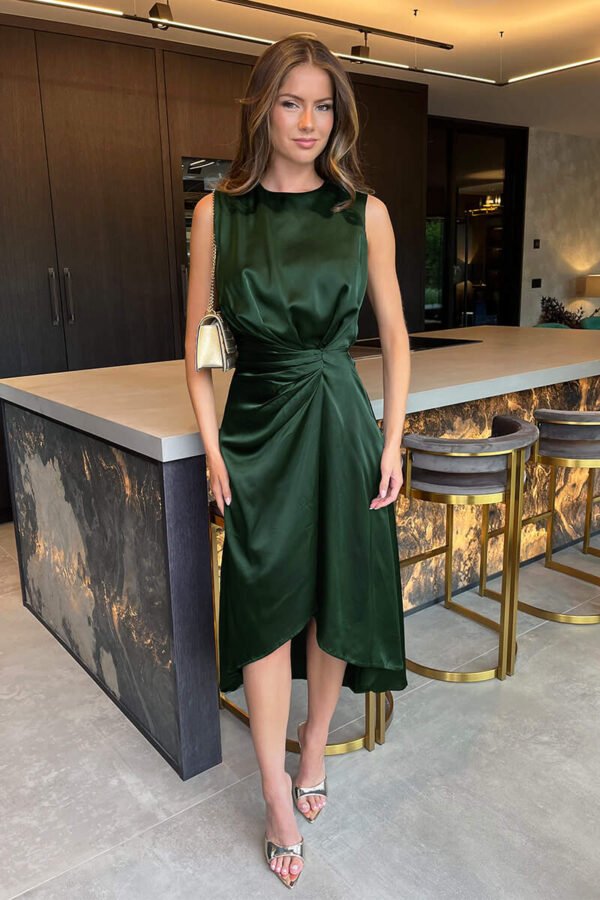 Olive Round Neck Shoulder Pads Gathered Midi Dress - Image 2
